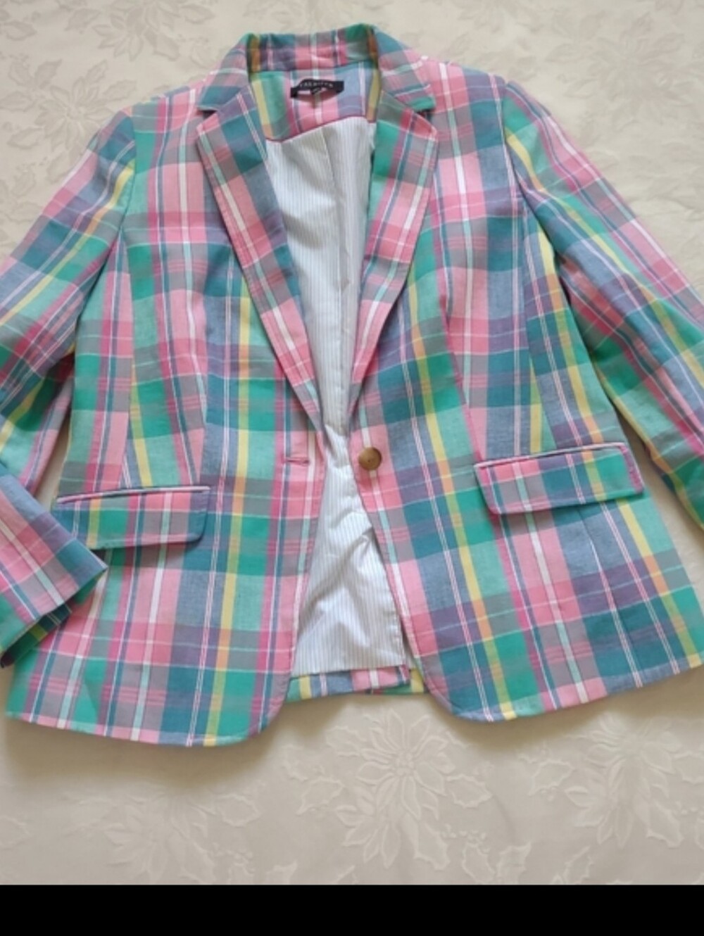 Talbots Madras plaid linen blend blazer multicolor blue pink